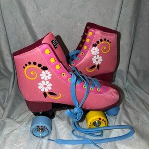 Pink Floral Roller Skates with Blue Laces